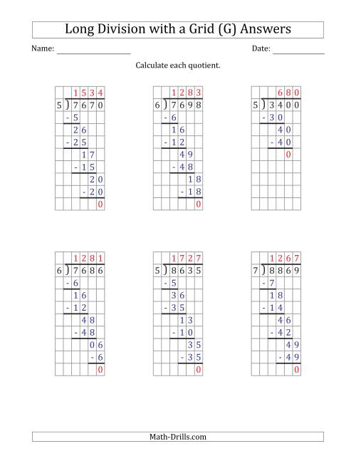 The 4-Digit by 1-Digit Long Division with Grid Assistance and NO Remainders (G) Math Worksheet Page 2