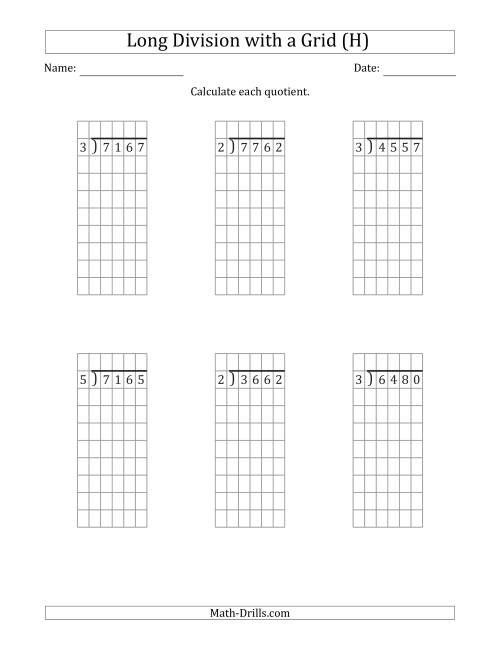 The 4-Digit by 1-Digit Long Division with Grid Assistance and NO Remainders (H) Math Worksheet