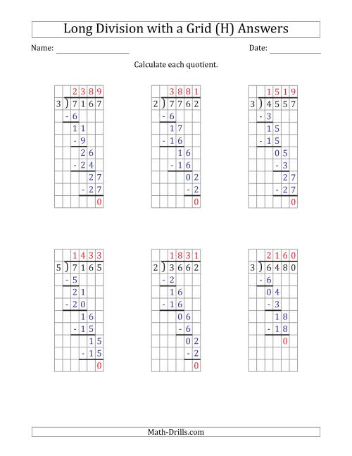 The 4-Digit by 1-Digit Long Division with Grid Assistance and NO Remainders (H) Math Worksheet Page 2