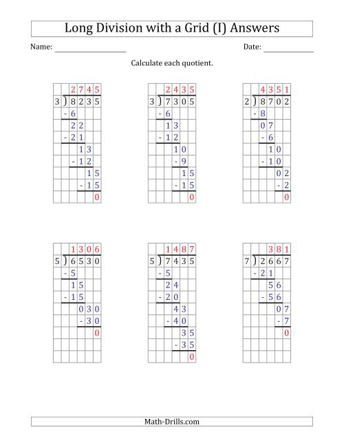 The 4-Digit by 1-Digit Long Division with Grid Assistance and NO Remainders (I) Math Worksheet Page 2