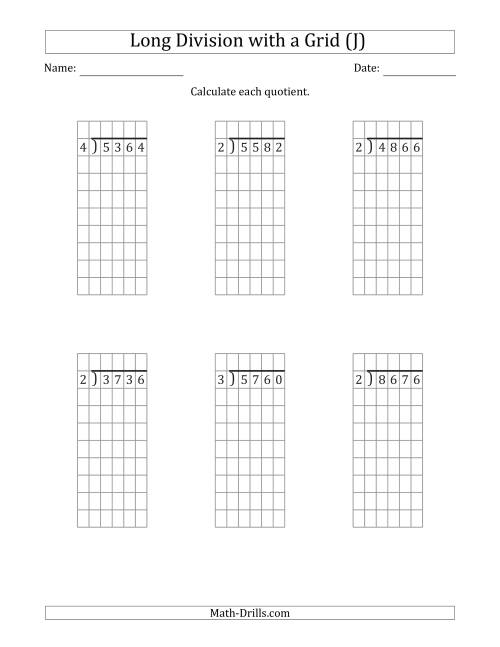 The 4-Digit by 1-Digit Long Division with Grid Assistance and NO Remainders (J) Math Worksheet