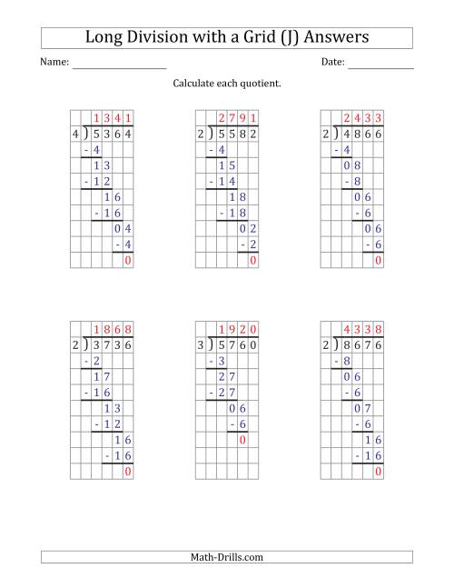 The 4-Digit by 1-Digit Long Division with Grid Assistance and NO Remainders (J) Math Worksheet Page 2