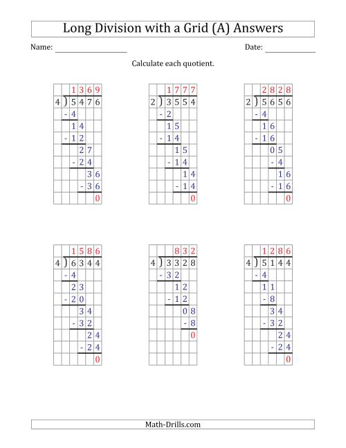 The 4-Digit by 1-Digit Long Division with Grid Assistance and NO Remainders (All) Math Worksheet Page 2