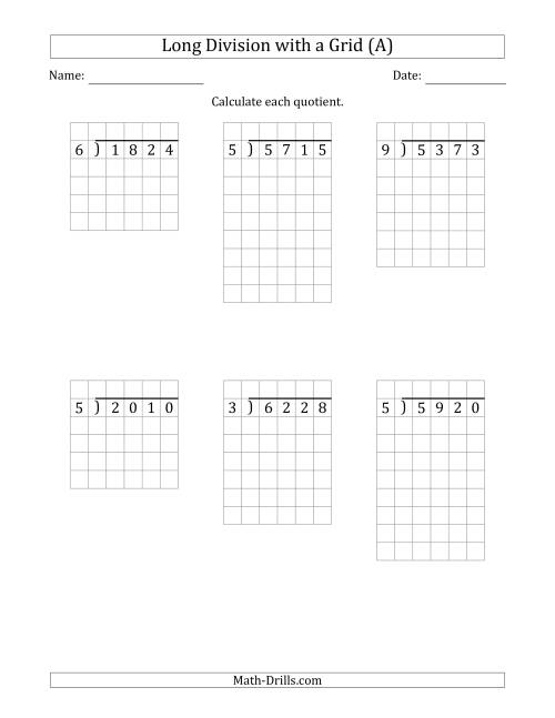 The 4-Digit by 1-Digit Long Division with Grid Assistance and NO Remainders (Old) Math Worksheet