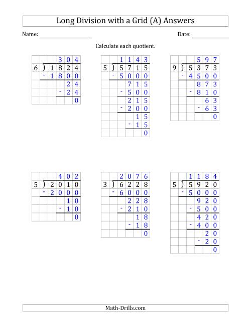 The 4-Digit by 1-Digit Long Division with Grid Assistance and NO Remainders (Old) Math Worksheet Page 2