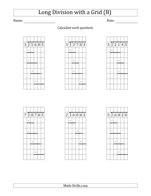 The 4-Digit by 1-Digit Long Division with Grid Assistance and Prompts and NO Remainders (B) Math Worksheet