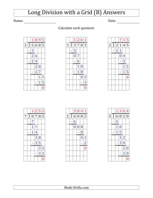 The 4-Digit by 1-Digit Long Division with Grid Assistance and Prompts and NO Remainders (B) Math Worksheet Page 2