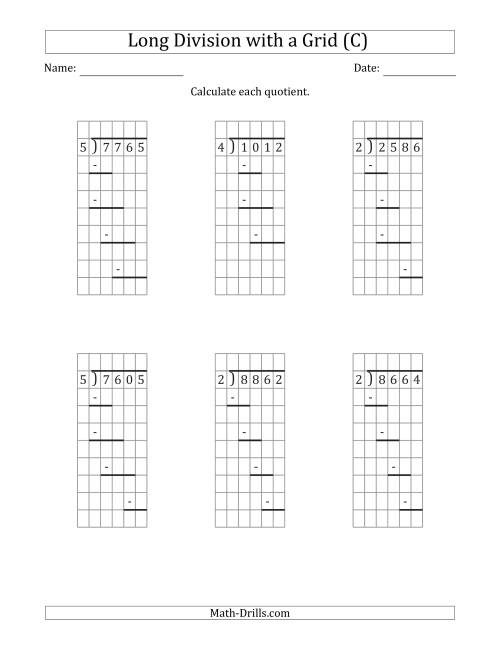 The 4-Digit by 1-Digit Long Division with Grid Assistance and Prompts and NO Remainders (C) Math Worksheet