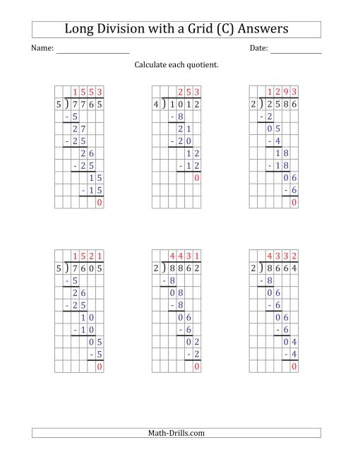 The 4-Digit by 1-Digit Long Division with Grid Assistance and Prompts and NO Remainders (C) Math Worksheet Page 2