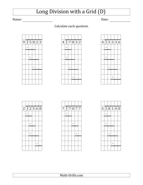 The 4-Digit by 1-Digit Long Division with Grid Assistance and Prompts and NO Remainders (D) Math Worksheet