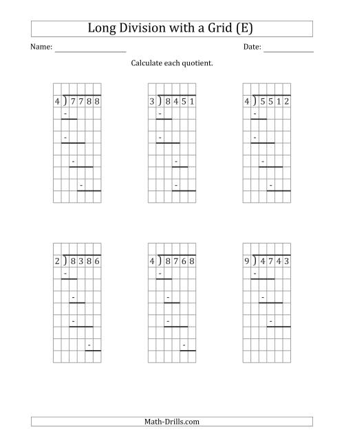 The 4-Digit by 1-Digit Long Division with Grid Assistance and Prompts and NO Remainders (E) Math Worksheet