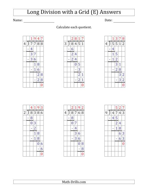 The 4-Digit by 1-Digit Long Division with Grid Assistance and Prompts and NO Remainders (E) Math Worksheet Page 2