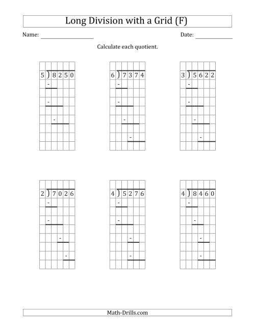 The 4-Digit by 1-Digit Long Division with Grid Assistance and Prompts and NO Remainders (F) Math Worksheet