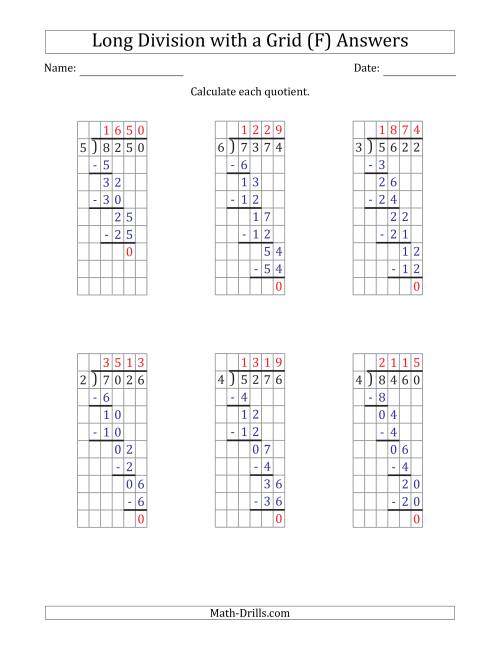 The 4-Digit by 1-Digit Long Division with Grid Assistance and Prompts and NO Remainders (F) Math Worksheet Page 2