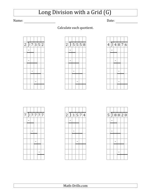 The 4-Digit by 1-Digit Long Division with Grid Assistance and Prompts and NO Remainders (G) Math Worksheet