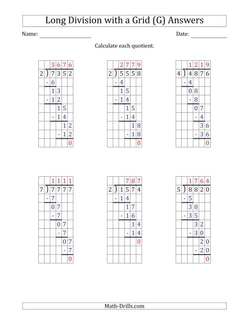 The 4-Digit by 1-Digit Long Division with Grid Assistance and Prompts and NO Remainders (G) Math Worksheet Page 2