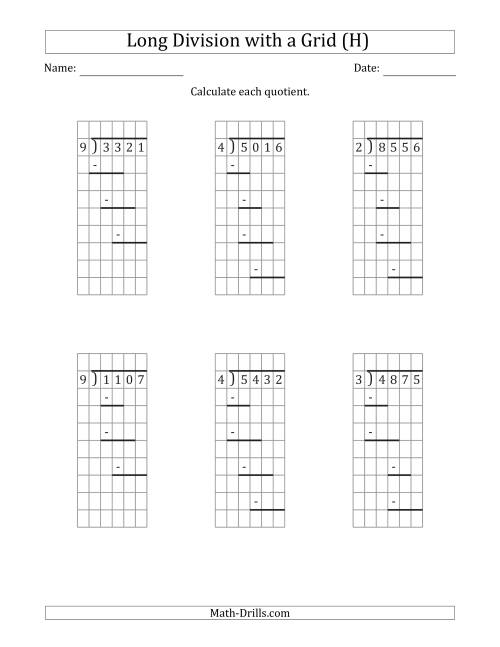 The 4-Digit by 1-Digit Long Division with Grid Assistance and Prompts and NO Remainders (H) Math Worksheet