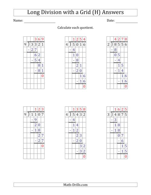The 4-Digit by 1-Digit Long Division with Grid Assistance and Prompts and NO Remainders (H) Math Worksheet Page 2