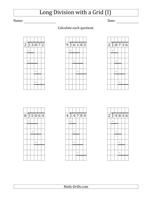 The 4-Digit by 1-Digit Long Division with Grid Assistance and Prompts and NO Remainders (I) Math Worksheet
