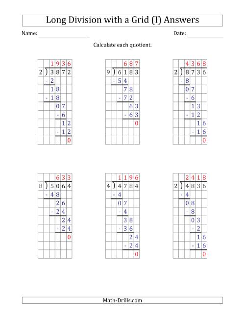 The 4-Digit by 1-Digit Long Division with Grid Assistance and Prompts and NO Remainders (I) Math Worksheet Page 2