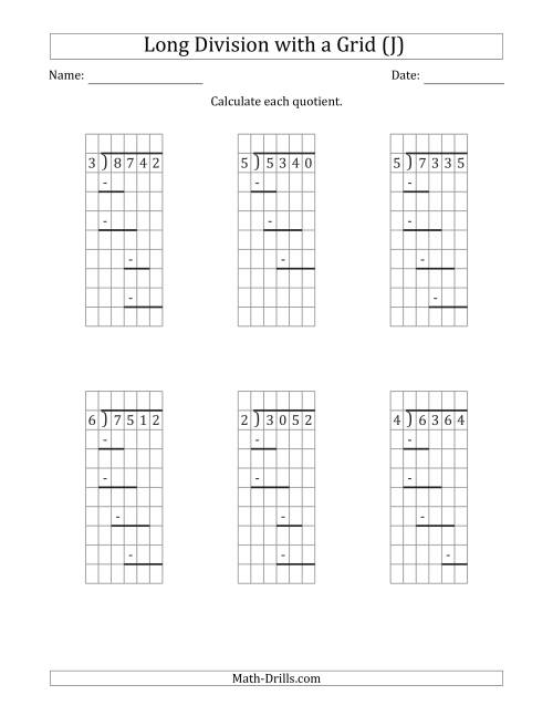 The 4-Digit by 1-Digit Long Division with Grid Assistance and Prompts and NO Remainders (J) Math Worksheet