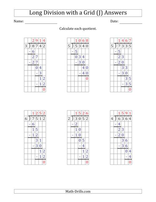 The 4-Digit by 1-Digit Long Division with Grid Assistance and Prompts and NO Remainders (J) Math Worksheet Page 2