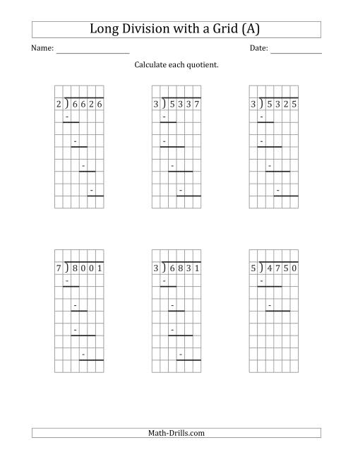 The 4-Digit by 1-Digit Long Division with Grid Assistance and Prompts and NO Remainders (All) Math Worksheet