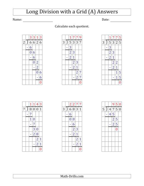 The 4-Digit by 1-Digit Long Division with Grid Assistance and Prompts and NO Remainders (All) Math Worksheet Page 2