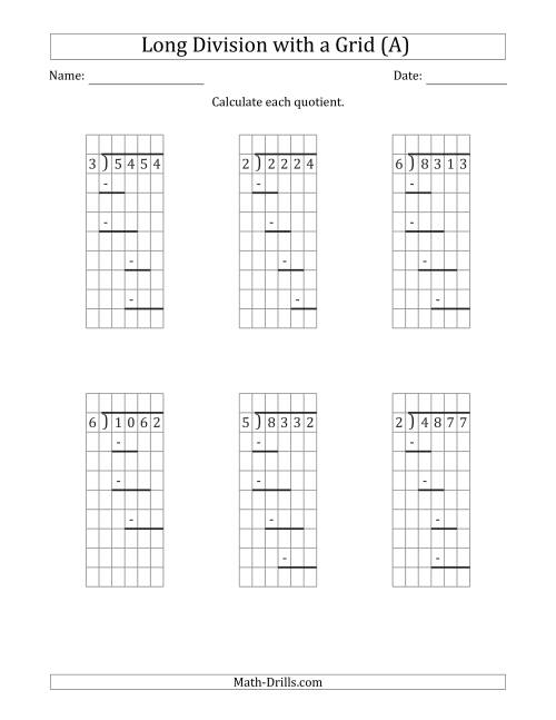 The 4-Digit by 1-Digit Long Division with Remainders with Grid Assistance and Prompts (A) Math Worksheet
