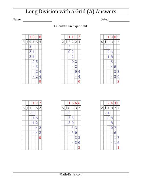 The 4-Digit by 1-Digit Long Division with Remainders with Grid Assistance and Prompts (A) Math Worksheet Page 2