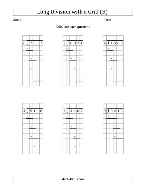 The 4-Digit by 1-Digit Long Division with Remainders with Grid Assistance and Prompts (B) Math Worksheet