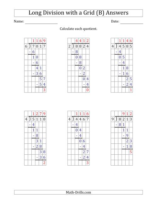 The 4-Digit by 1-Digit Long Division with Remainders with Grid Assistance and Prompts (B) Math Worksheet Page 2