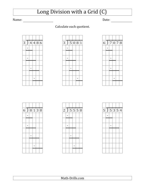 The 4-Digit by 1-Digit Long Division with Remainders with Grid Assistance and Prompts (C) Math Worksheet