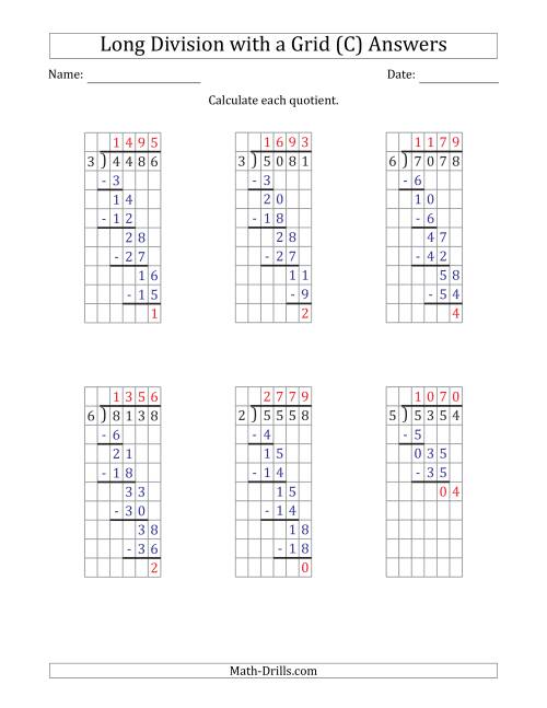 The 4-Digit by 1-Digit Long Division with Remainders with Grid Assistance and Prompts (C) Math Worksheet Page 2