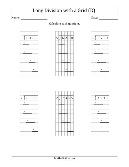 The 4-Digit by 1-Digit Long Division with Remainders with Grid Assistance and Prompts (D) Math Worksheet