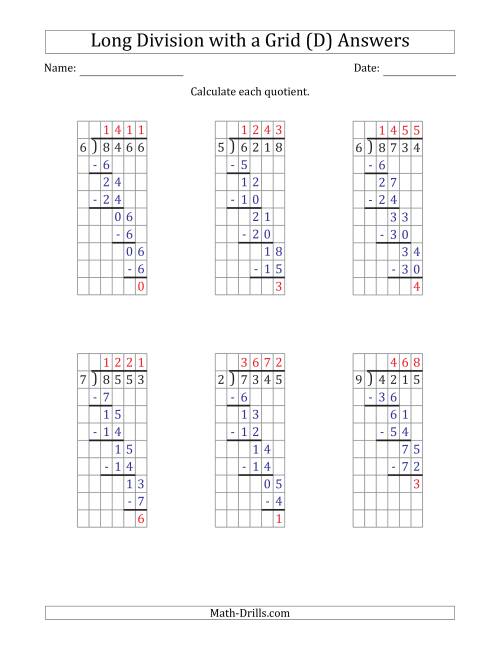 The 4-Digit by 1-Digit Long Division with Remainders with Grid Assistance and Prompts (D) Math Worksheet Page 2