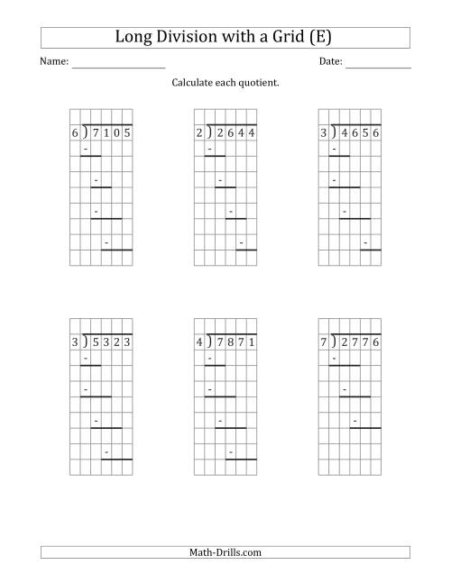 The 4-Digit by 1-Digit Long Division with Remainders with Grid Assistance and Prompts (E) Math Worksheet