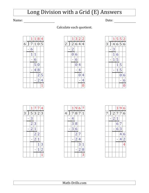 The 4-Digit by 1-Digit Long Division with Remainders with Grid Assistance and Prompts (E) Math Worksheet Page 2