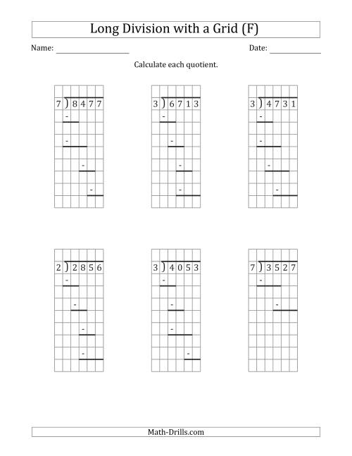 The 4-Digit by 1-Digit Long Division with Remainders with Grid Assistance and Prompts (F) Math Worksheet