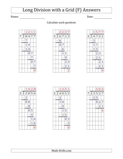 The 4-Digit by 1-Digit Long Division with Remainders with Grid Assistance and Prompts (F) Math Worksheet Page 2