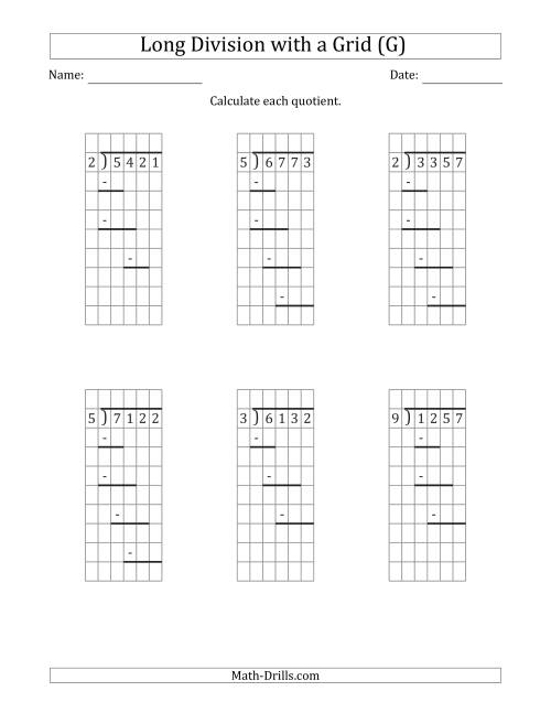 The 4-Digit by 1-Digit Long Division with Remainders with Grid Assistance and Prompts (G) Math Worksheet