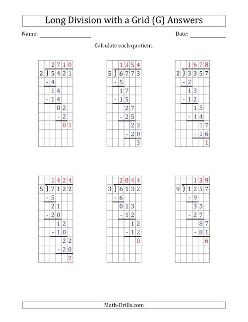The 4-Digit by 1-Digit Long Division with Remainders with Grid Assistance and Prompts (G) Math Worksheet Page 2