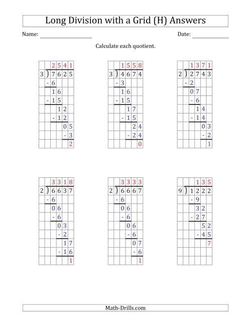 The 4-Digit by 1-Digit Long Division with Remainders with Grid Assistance and Prompts (H) Math Worksheet Page 2
