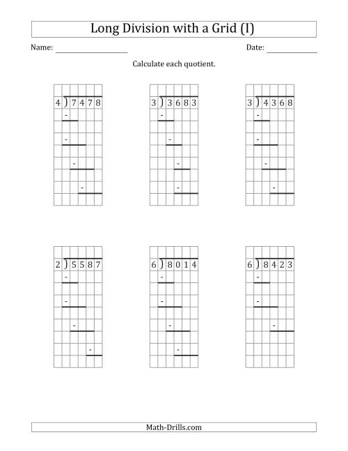 The 4-Digit by 1-Digit Long Division with Remainders with Grid Assistance and Prompts (I) Math Worksheet