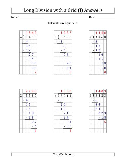 The 4-Digit by 1-Digit Long Division with Remainders with Grid Assistance and Prompts (I) Math Worksheet Page 2
