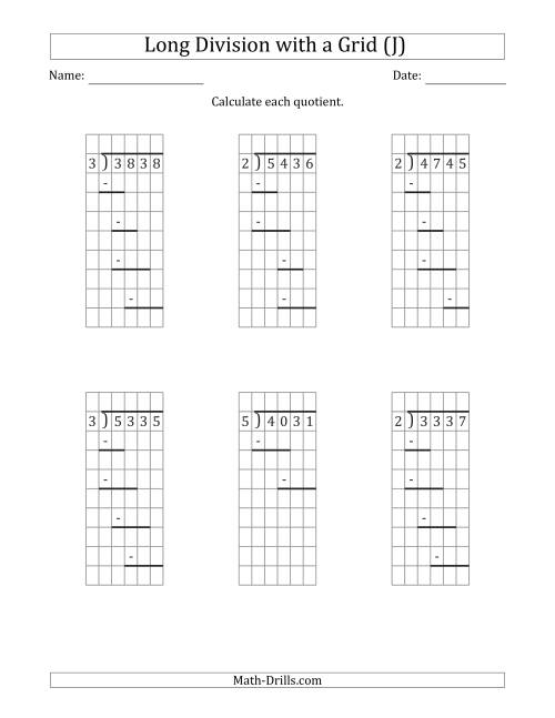 The 4-Digit by 1-Digit Long Division with Remainders with Grid Assistance and Prompts (J) Math Worksheet