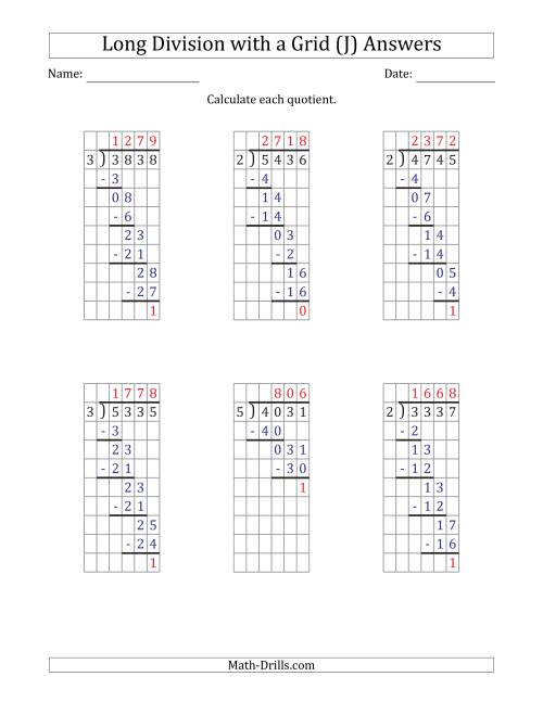 The 4-Digit by 1-Digit Long Division with Remainders with Grid Assistance and Prompts (J) Math Worksheet Page 2