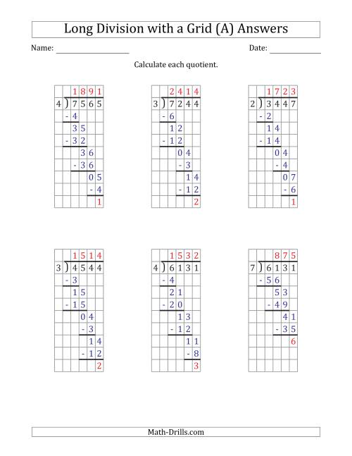 The 4-Digit by 1-Digit Long Division with Remainders with Grid Assistance (A) Math Worksheet Page 2
