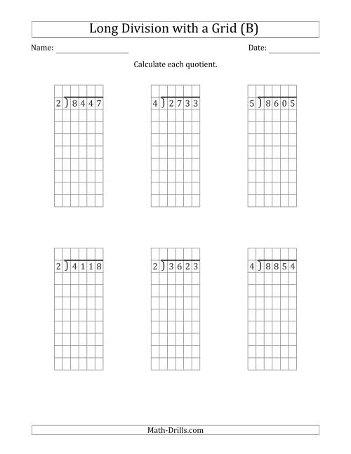 The 4-Digit by 1-Digit Long Division with Remainders with Grid Assistance (B) Math Worksheet