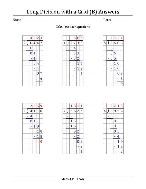 The 4-Digit by 1-Digit Long Division with Remainders with Grid Assistance (B) Math Worksheet Page 2